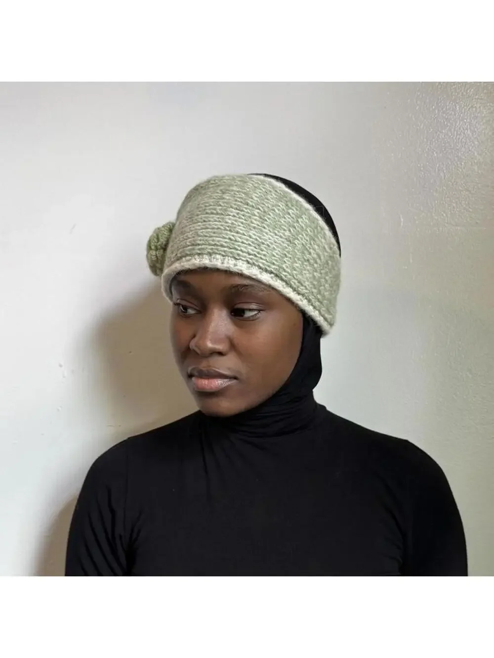 Vintage 100% Wool Hand-Knit Ear Warmer Headband Sage Green crochet flower detail